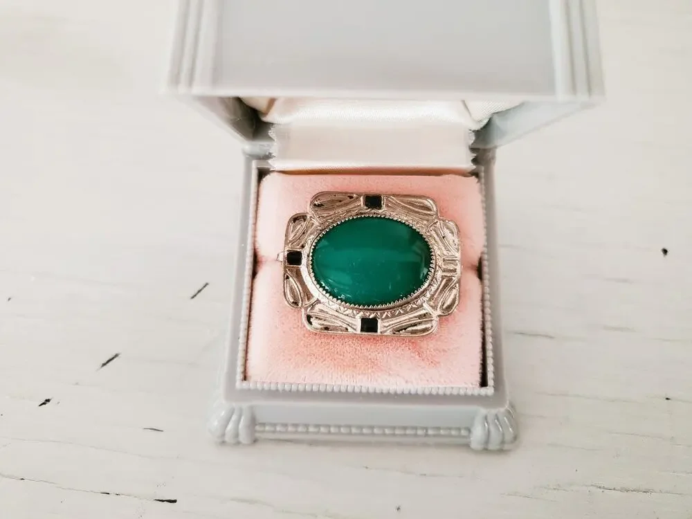 Vintage 1930's Czechoslovakia Silver Tone and Green Carbochan Brooch